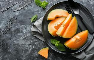 rebanado Cantalupo en un negro plato con menta hojas foto