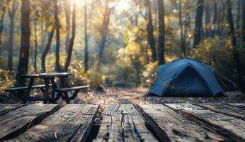 Tent on Wooden Table in Woods photo