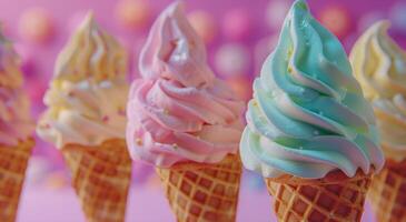 Colorful Ice Cream Cones on a Pink Background photo