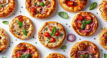 Group of Pizzas Arranged on White Surface photo