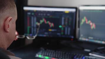 Concept of bitcoin and stock market trading. Trader is working with multiple computer screens full of charts and data analysis and stock broker trading online video
