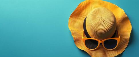 Hat and Sunglasses on Blue Background photo