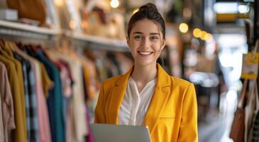 Woman Standing in Front of Laptop Computer photo