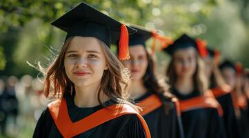 Group of Women in Orange Graduation Gowns photo