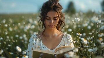 mujer leyendo libro debajo árbol foto