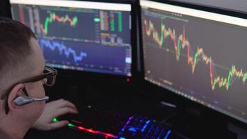 Crypto trader investor analyst broker using pc computer analyzing digital cryptocurrency exchange stock market trading graphs report thinking of investing funds risks doing global analysis video