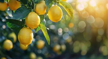 un de cerca ver de maduro limones colgando desde un limón árbol foto