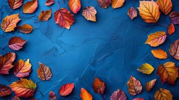 vistoso otoño hojas dispersado en un vibrante azul antecedentes foto