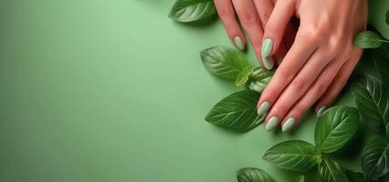 Womans Hands With Green Nails on Green Background photo