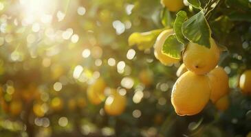 A close-up view of ripe lemons hanging from a lemon tree photo