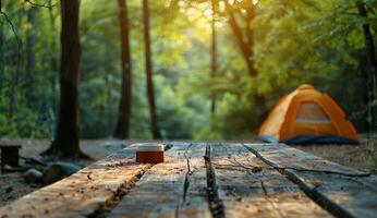 Tent on Wooden Table in Woods photo