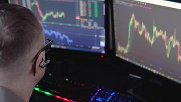 Crypto trader investor analyst broker using pc computer analyzing digital cryptocurrency exchange stock market trading graphs report thinking of investing funds risks doing global analysis video