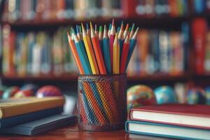 Books, Pencils, and Globe on a Table photo