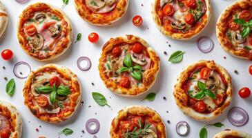 Group of Pizzas Arranged on White Surface photo