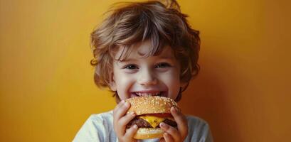 joven chico comiendo hamburguesa en amarillo antecedentes foto