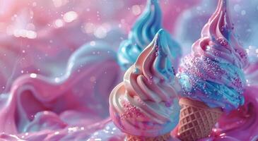 Ice Cream Cones With Blue and Pink Icing photo