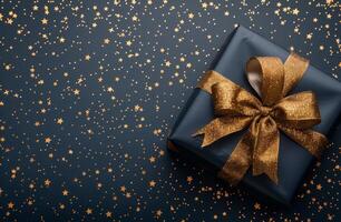 Gift Box on Blue Background With Gold Stars photo