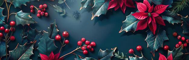 Holly Leaves and Berries on a Blue Background photo