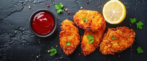 Fried Chicken on a Plate With Lemon Slices and Parsley photo