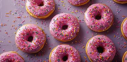 Pink Sprinkled Donuts on a Purple Background photo