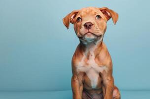 Small Brown Dog Sitting on Blue Background photo