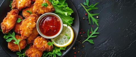 Fried Chicken on a Plate With Lemon Slices and Parsley photo