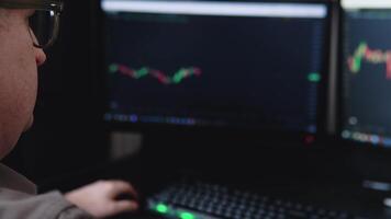 Concept of bitcoin and stock market trading. Trader is working with multiple computer screens full of charts and data analysis and stock broker trading online video