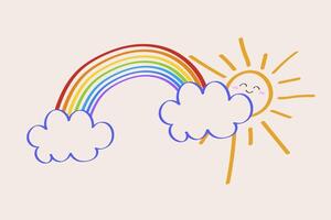 Sun, rainbow and clouds.sky cartoon line art vector