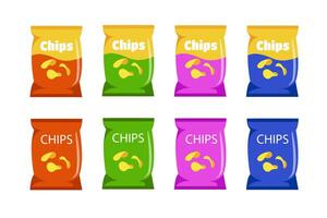 un grande selección de bocadillo paquetes en diferente colores. paquete de papas fritas de diferente colores vector