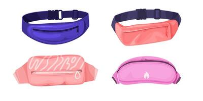 Set of four colorful fanny packs with zippers. Belt bags set. Fashion and sport accessory. Travel and casual wear concept for design and print. vector