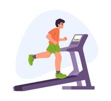 Illustration of man running on treadmill with display screen. Flat design for health and fitness concept. vector