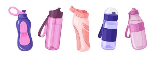 cinco diferente agua botellas en varios formas y colores. ilustración para hidratación y aptitud concepto. vector