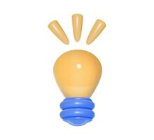 Yellow light bulb with blue base and three rays. 3D illustration isolated. Idea, business, strategy, innovation concept. vector