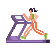 Illustration of woman running on treadmill with display screen. Flat design for health and fitness concept. vector