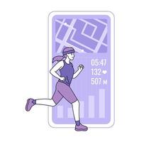 Illustration of woman running with fitness tracking app showing route, time, heart rate, and distance. Flat design for health and fitness concept. vector