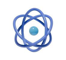 Blue atom model with electron orbit and nucleus. 3D icon isolated. Scientific and educational concept. vector