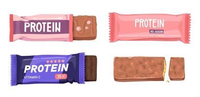 Illustration of four different protein bars in various packages and forms. Health and fitness nutrition concept. vector