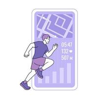 Illustration of a man running with fitness tracking app showing route, time, heart rate, and distance. Flat design for health and fitness concept. vector