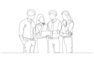 Continuous one line drawing of female employee and colleagues talking about marketing performance, casual business meeting concept, single line art. vector