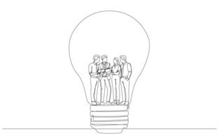 Continuous one line drawing of young businesspeople discussing work inside big light bulb, working under same organizational attitude concept, single line art. vector