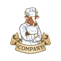 logo illustration of a cow wearing a chef's outfit with a banner underneath vector