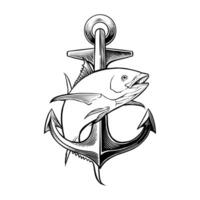 Black and white hand drawn illustration of a ship anchor with tuna fish vector