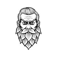 black and white illustration of a man with a hops beard vector