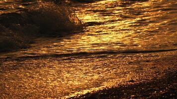 abstrato borrado dourado mar às pôr do sol. Sol reflete e brilhos em ondas com bokeh, iluminador caloroso mar. verão oceano natureza pano de fundo. feriado, período de férias e lazer. clima e clima mudança video