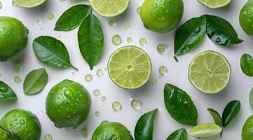 Limes and Leaves on White Background - Lime photo