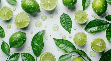 Limes and Leaves on White Background - Lime photo