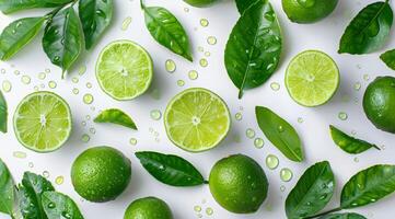 Limes and Leaves on White Background - Lime photo