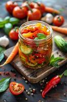 Three Jars of Pickled Vegetables on a Wooden Table photo