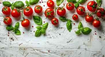 Tomatoes and Basil on a White Background photo