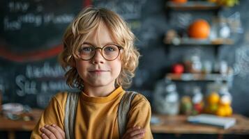 Young Boy in Glasses Standing in Front of Chalkboard photo